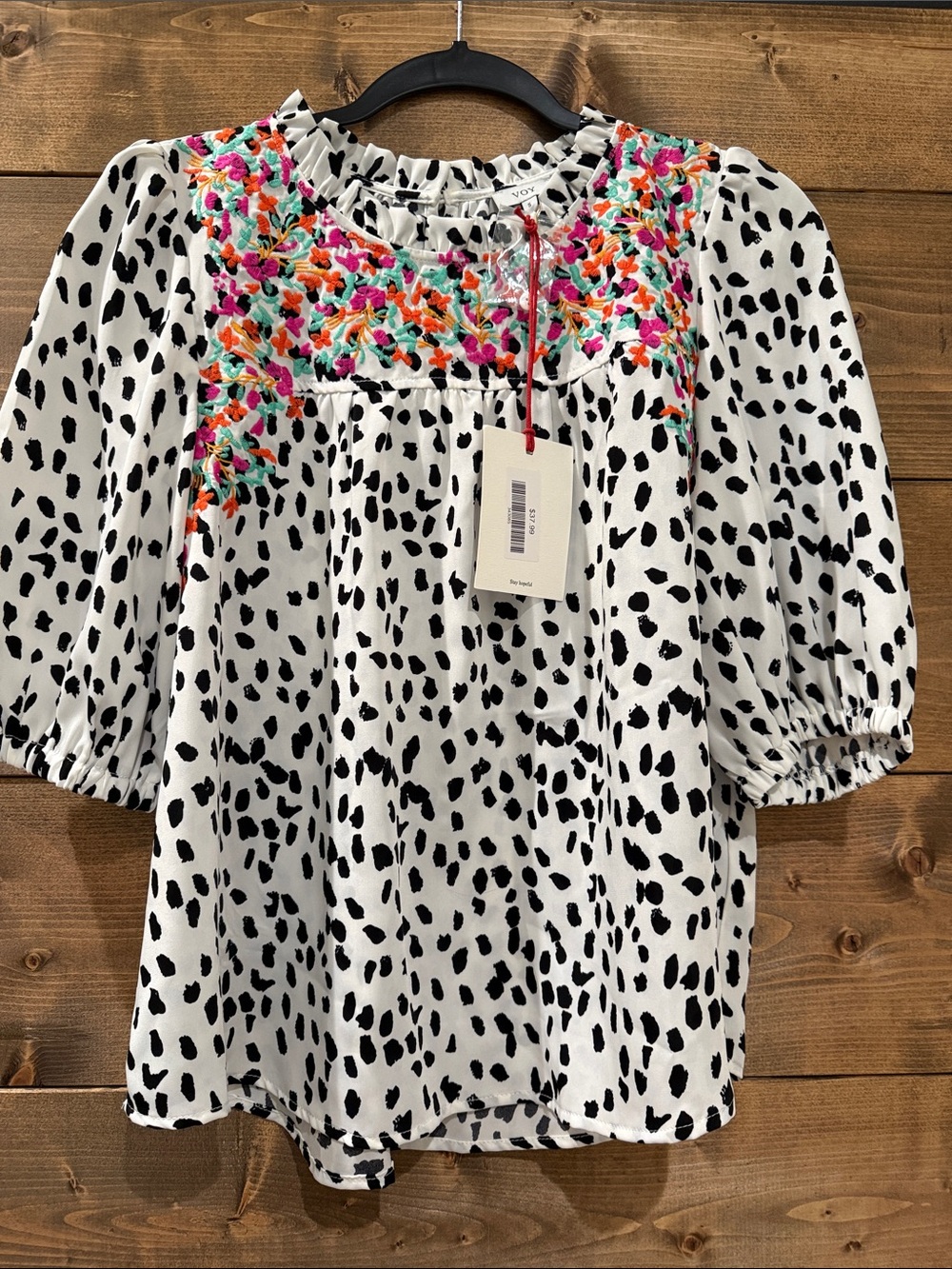 Voy White Black Spot Embroidered Peasant Blouse